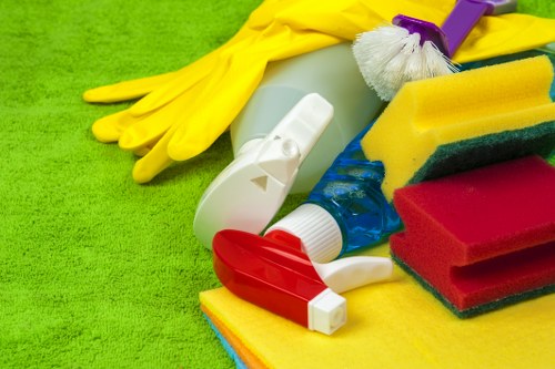 Wet carpet cleaning area marked to prevent slips