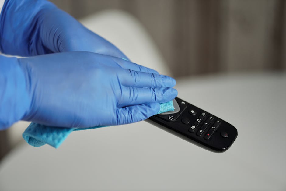 A gloved hand using a blue microfiber cloth to carefully wipe and clean the surface of a remote control, which is placed on a smooth white table. The remote has black buttons with white icons and text